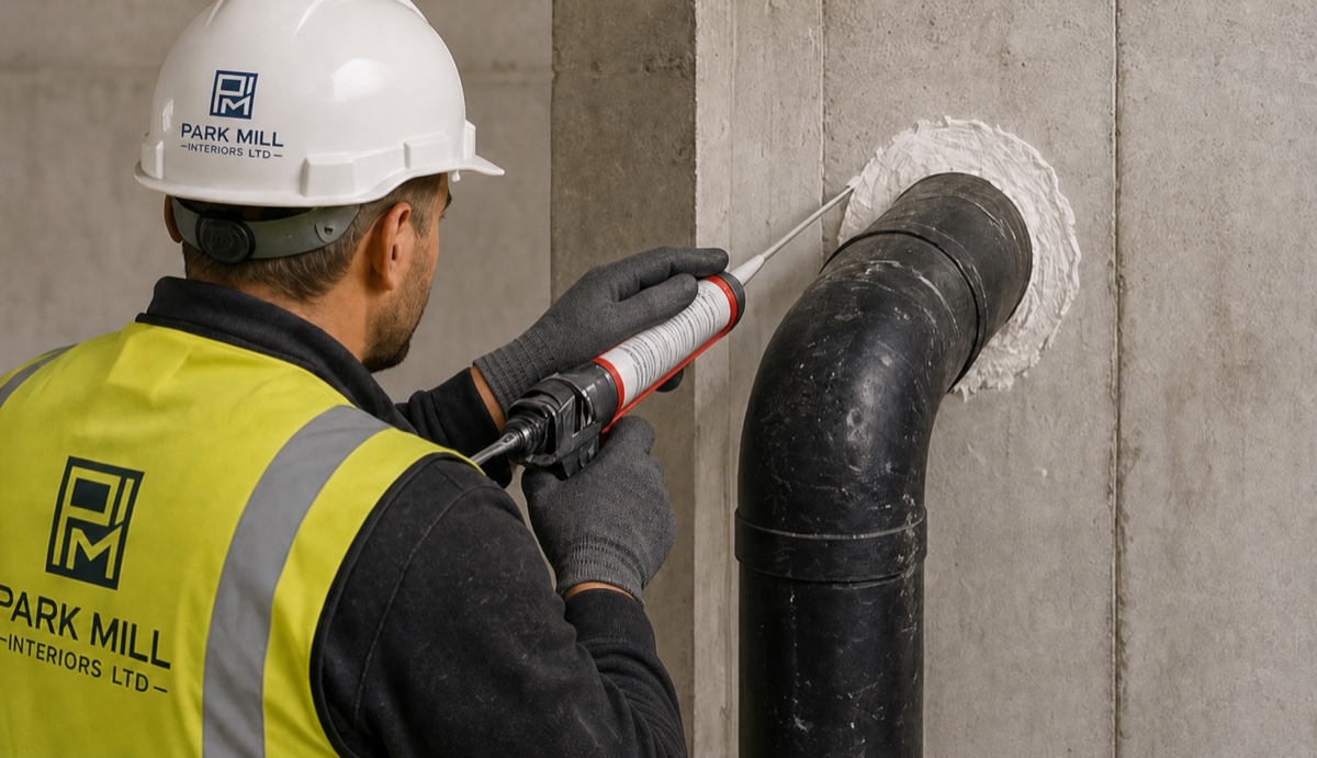 PMI operative applying fire-stopping sealant around a service penetration