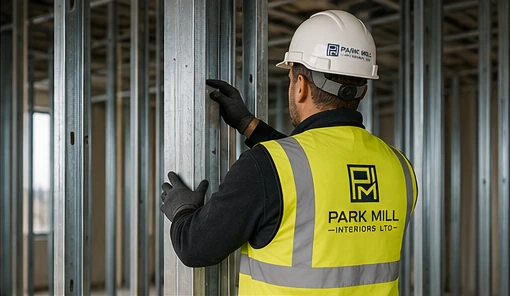 PMI operative installing a metal stud partition system