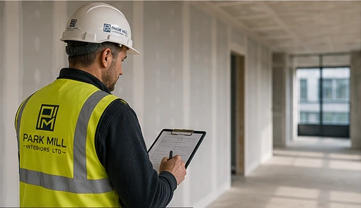 PMI operative inspecting completed interior works for repairs and remedials